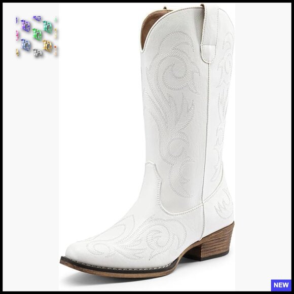 Western Cowboy Boots Mid Calf Square Toe Chunky Heel Embroidery Stitched Cowgirl